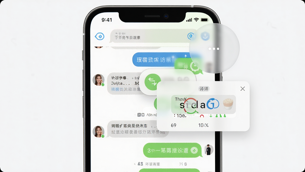 展示麦片屏幕翻译悬浮窗功能的预览图,主体为手机屏幕,主界面显示聊天软件,右上角有一个半透明悬浮球,点击后展开翻译窗口,布局直观,风格轻巧,细节到位,画质清晰,干净无多余元素