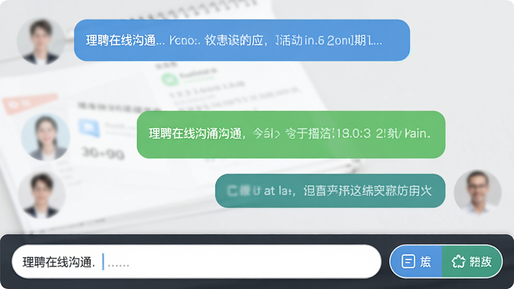 理聘在线沟通界面截图,对话气泡清晰,底部输入框和功能按钮,界面清爽,浅灰色背景,头像模糊处理,高清画质,干净无多余元素