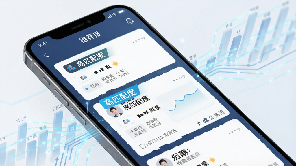 理聘智能匹配功能示意图,手机界面展示推荐职位卡片,带有“高匹配度”标签,背景有淡蓝色数据流动线条,科技感风格,高清渲染,干净无多余元素