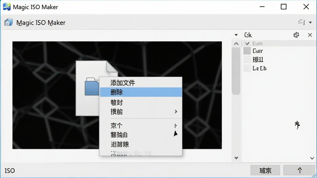 展示Magic ISO Maker在ISO镜像内进行文件编辑操作的界面,鼠标右键点击文件弹出菜单,包含“添加文件”、“删除”等选项,界面清晰,窗口背景为浅白色,界面风格简洁现代,高清细节,无多余元素