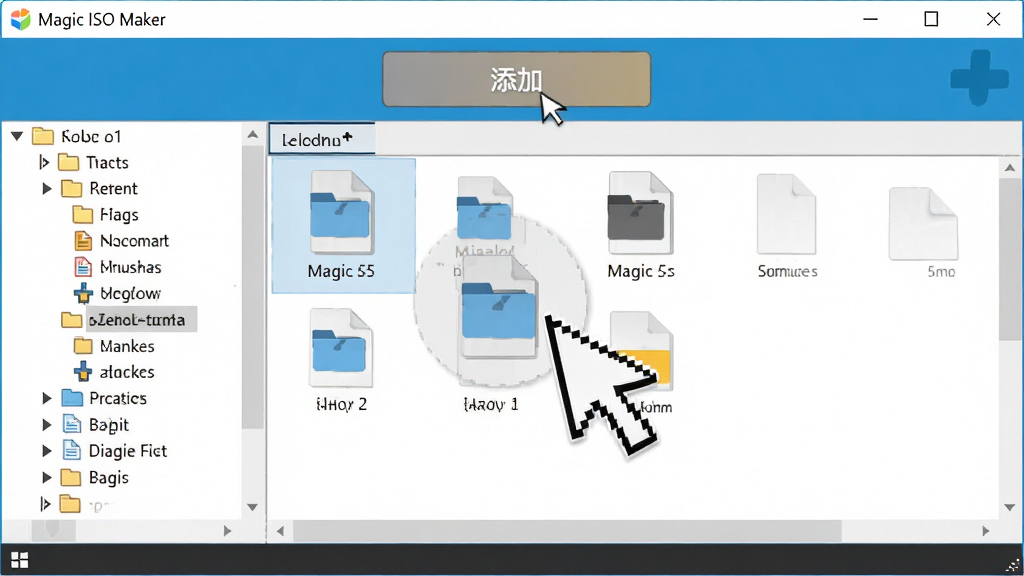展示Magic ISO Maker软件的文件添加操作界面,鼠标拖拽文件到主窗口的动画效果,界面布局清晰,左侧目录树与右侧文件列表结构明确,上方有醒目的“添加”按钮,扁平化设计风格,色彩明快,高分辨率,画面干净整洁,无多余元素
