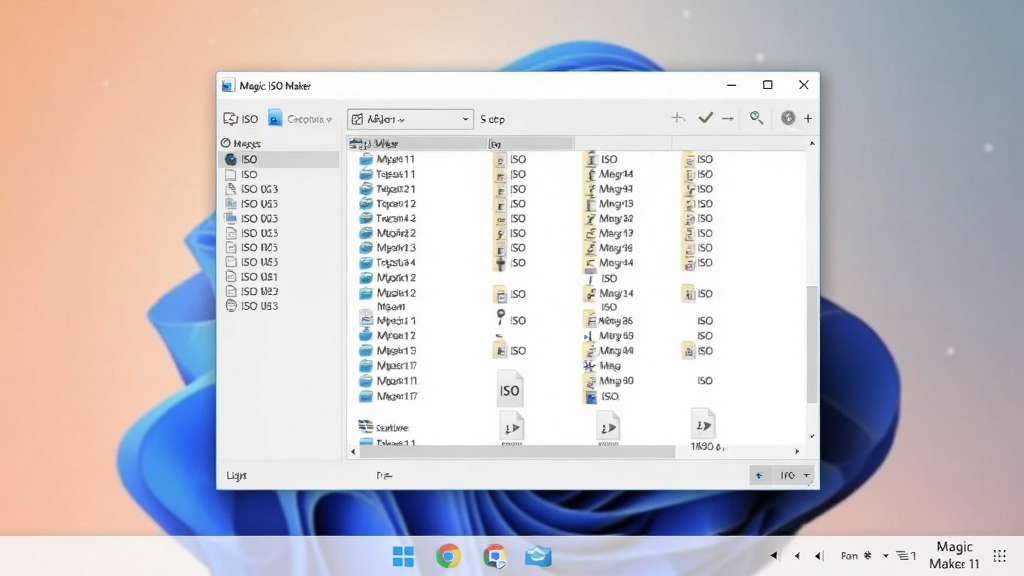 展示Magic ISO Maker软件在Windows 11系统上运行的截图,背景为模糊的桌面壁纸,软件窗口清晰可见,界面布局规整,文件列表显示多个ISO文件,整体风格现代,色调柔和,画质细腻干净,无多余元素