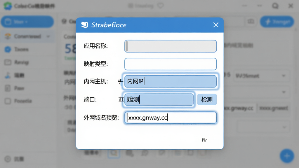 主体:花生壳软件添加映射的对话框,高亮显示“内网IP”和“端口”输入框。布局:弹窗居中,背景为模糊的软件主界面。排版:表单从上到下依次为应用名称、映射类型、内网主机、端口、外网域名预览。风格:扁平化蓝白配色,输入框有圆角边框。细节:端口号输入框旁有“检测”小按钮,域名预览处显示“xxxx.gnway.cc”。画质:清晰,干净,无多余元素。