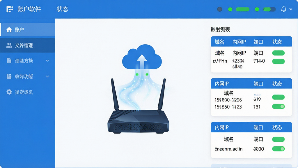主体:花生壳软件主界面,居中显示一个路由器与云端的连接示意图,界面简洁现代。布局:左侧功能菜单栏,右侧为映射列表,顶部为账户信息与状态指示灯。排版:清晰的网格布局,卡片式模块,整体留白充足。风格:扁平化设计,蓝色与白色为主色调,辅以绿色在线状态标识。细节:映射卡片上显示“域名”、“内网IP”、“端口”、“状态”等标签,云端有数据流动的光效。画质:高清,干净,无多余元素。
