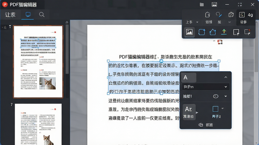 一张展示PDF猫编辑器编辑功能的界面图片,左侧为页面缩略图,右侧文档中选中一段文字并弹出字体设置工具栏,周围有插入图片、绘制形状等图标按钮,整体风格专业清晰,画质细腻,无多余元素,界面顶部显示“PDF猫编辑器”字样