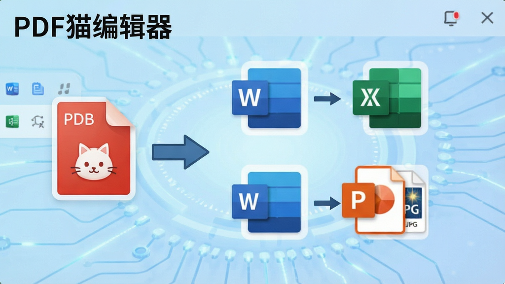 一张展示PDF猫编辑器格式转换功能的动态示意图,界面中一个PDF文件图标通过箭头指向多个格式图标(Word、Excel、PPT、JPG),背景为淡蓝色科技感风格,画质清晰,无多余元素,标注“PDF猫编辑器”字样