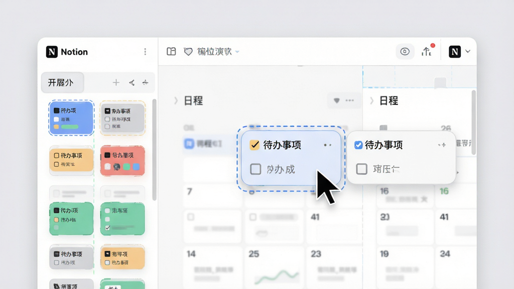 主体:Notion模块化编辑器操作演示,光标拖拽一个“待办事项”模块到另一个“日程”模块旁边;布局:画面中央显示编辑界面,左侧有模块库列表,右侧为可编辑区域;排版:模块整齐排列,色彩区分;风格:现代科技感插画,背景浅灰;细节:模块边缘有圆角,拖拽时有蓝色虚线框提示,“Notion”标志位于左上角;画质:高清,干净,无多余元素。