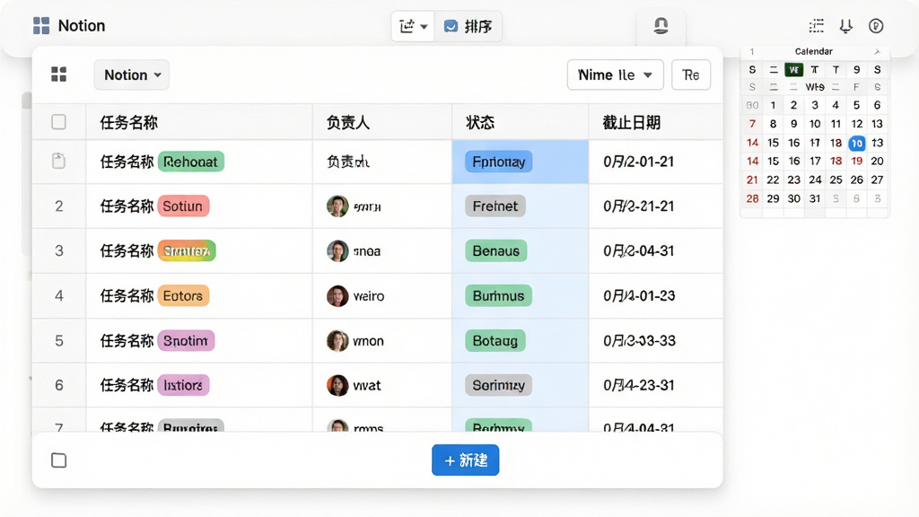 主体:Notion数据库表格视图,包含“任务名称”、“负责人”、“状态”、“截止日期”等列,数据以卡片形式展示;布局:表格居中,上方有筛选和排序按钮,右侧有日历视图缩略图;排版:表格行高适中,数据清晰;风格:简洁商务风,白色背景,蓝色高亮状态列;细节:表格顶部有“Notion”标签,部分单元格有彩色标签,底部有“+新建”按钮;画质:高清,干净,无多余元素。