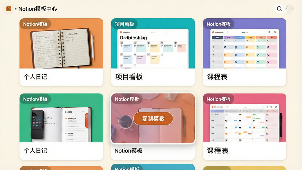 主体:Notion模板中心页面,展示多个模板卡片,如“个人日记”、“项目看板”、“课程表”等;布局:网格排列,卡片大小一致;排版:色彩丰富,每张卡片有预览图;风格:清新简洁,背景米白;细节:卡片上标有“Notion模板”字样,其中一个卡片高亮显示“复制模板”按钮;画质:高清,干净,无多余元素。