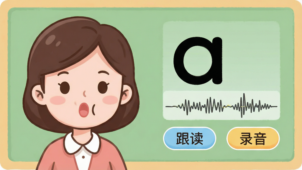 画面左侧为一位亲切的女老师卡通形象,正在示范拼音“a”的口型,右侧为放大的拼音字母“a”及发音波形图,下方有“跟读”和“录音”按钮,背景为浅绿色黑板风格,整体简洁明快,卡通教育插画风,布局左右对称,排版直观,细节柔和,画质干净,无多余元素。