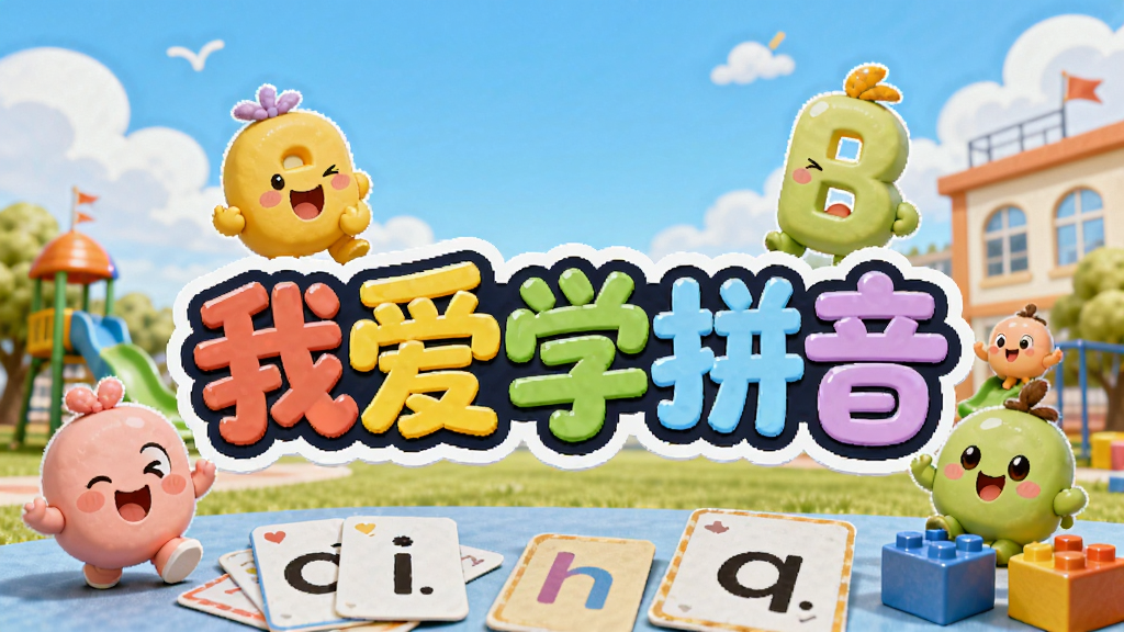 画面中央展示“我爱学拼音”彩色艺术字标题,周围环绕着可爱的卡通字母宝宝,背景为蓝天白云下的欢乐校园,前景有拼音卡片和积木,整体色调明亮活泼,卡通插画风格,布局居中,排版清晰,细节丰富,画质高清,干净无多余元素。