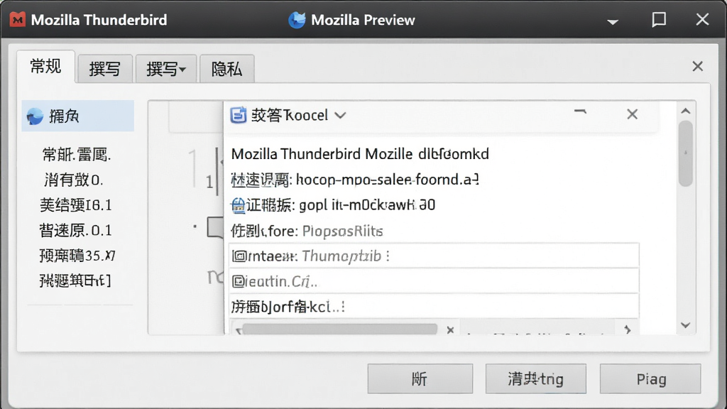 一张“Mozilla Thunderbird”设置界面的截图预览,主体是选项对话框,包含“常规”、“撰写”、“隐私”等选项卡,风格写实,布局清晰,细节丰富,画质清晰,干净无多余元素