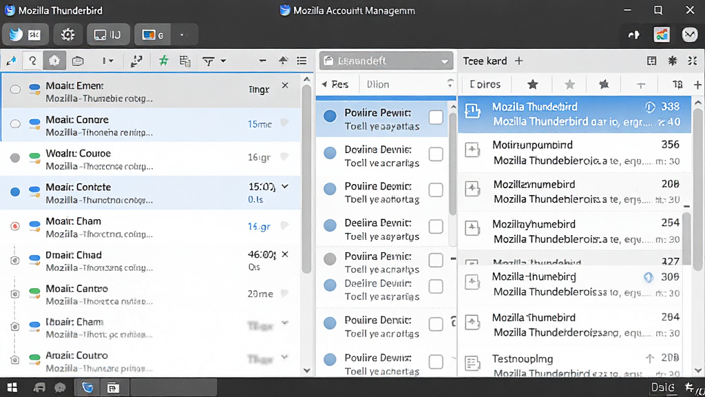 一张“Mozilla Thunderbird”多账户管理界面的截图预览,主体是软件主窗口,左侧显示多个邮箱账户列表,右侧是邮件列表和阅读窗格,界面整洁清晰,布局合理,风格写实,细节丰富,画质清晰,干净无多余元素
