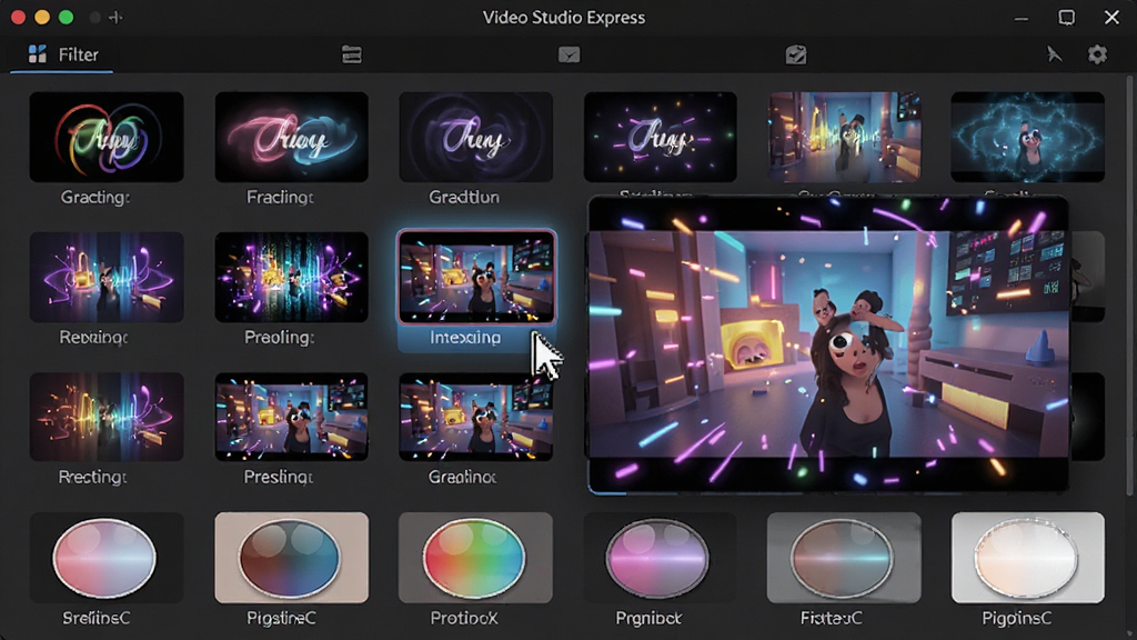 Video Studio Express 特效库展示界面,包含多种转场效果和滤镜缩略图,界面图标排列整齐,鼠标悬停在某个特效上,预览窗口显示应用特效后的画面,色彩绚丽,风格现代,画质细腻,无多余元素