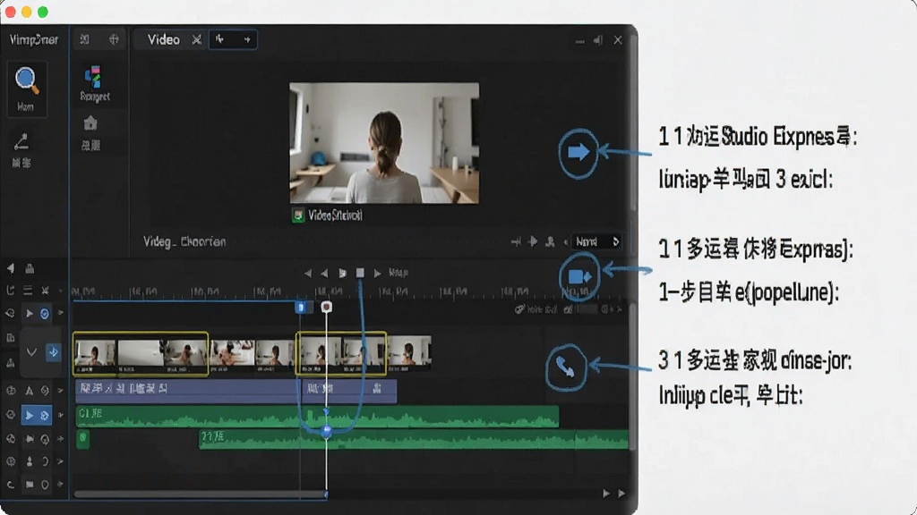 Video Studio Express 使用教程演示图,展示用户正在时间线上拖拽素材,旁边有步骤提示文字,界面高亮显示关键按钮,整体风格教学化,清晰易懂,画质干净,无多余元素