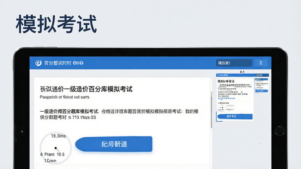 一级造价师百分题库模拟考试界面,平板电脑显示答题计时器和题目,右侧有答题卡缩略图,背景为浅灰色,按钮为蓝色,整体风格专业、简洁,文字标签“模拟考试”清晰可见,画质干净,无多余元素