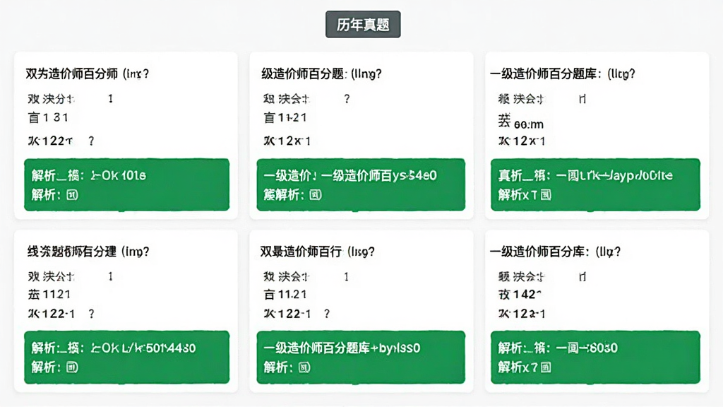 一级造价师百分题库真题列表页面,展示多道选择题和解析文字,界面采用白底卡片式设计,顶部有“历年真题”标签,题目下方有绿色解析区域,整体排版整齐,风格清爽,画质清晰,无多余元素