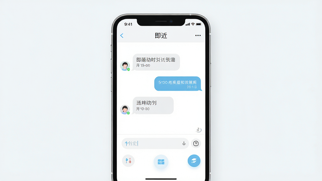 一张以浅色系为主的手机应用界面设计图,屏幕中央展示“即近”聊天窗口的简洁布局,包含对话气泡、输入框和功能按钮,画面干净明亮,突出“极简”与“高效”的特点,采用扁平化UI设计风格,细节精致,画质清晰,无多余元素。