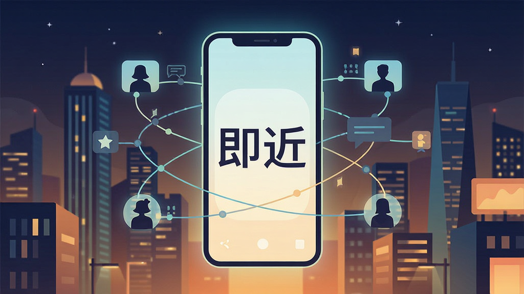 一幅充满科技感与温馨氛围的现代都市夜景图,画面中央悬浮着一个发光的手机界面,界面中显示“即近”两个大字,周围环绕着抽象化的网络连接线条与人物剪影,代表着便捷的沟通与连接,整体布局以手机为主体居中,采用扁平化设计风格,细节丰富,画质清晰干净,无多余元素。