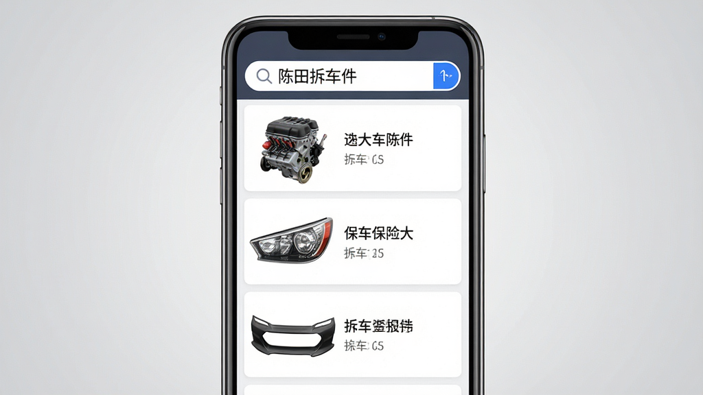 主体为手机屏幕展示陈田拆车件主界面,上方搜索栏内写着“陈田拆车件”,下方列表展示各类汽车配件图片与名称。布局采用居中构图,屏幕占据画面主体,背景为浅灰色渐变。排版清晰,列表项整齐排列,左侧为配件缩略图,右侧为文字信息。风格写实,细节丰富,屏幕内容可辨认为汽车发动机、大灯、保险杠等拆车件。画质高清,干净无多余元素。