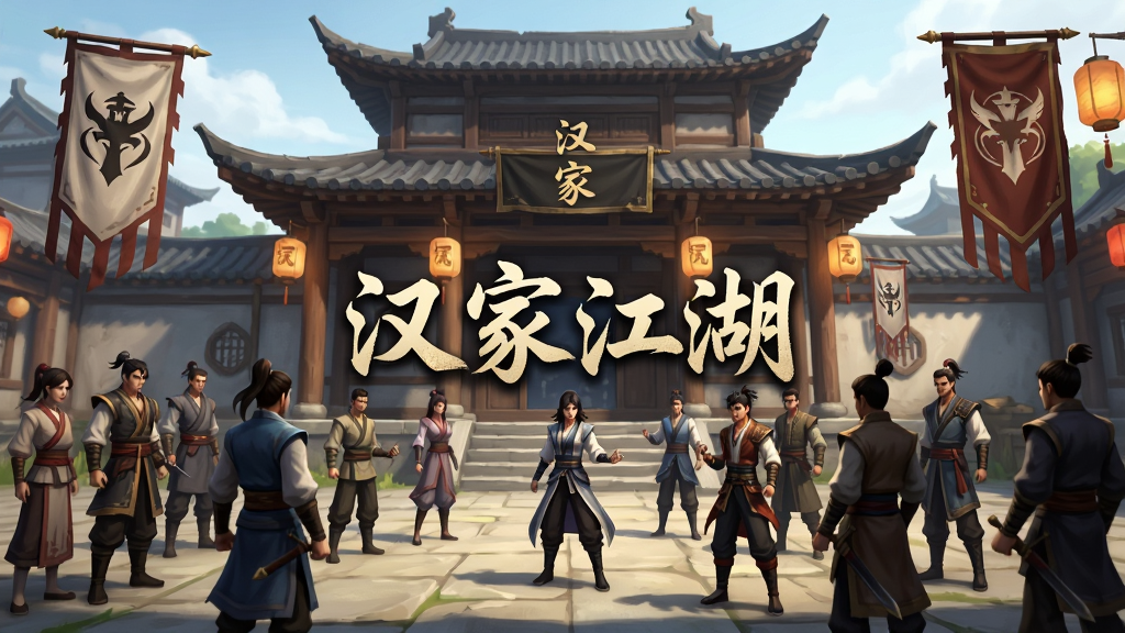 主体为游戏帮派场景,多名玩家角色聚集在古风建筑前,布局为全景构图,人物分布错落有致,风格为游戏场景原画,细节包括帮派旗帜与灯笼装饰,画质高清,干净,无多余元素,画面中间有“汉家江湖”字样。