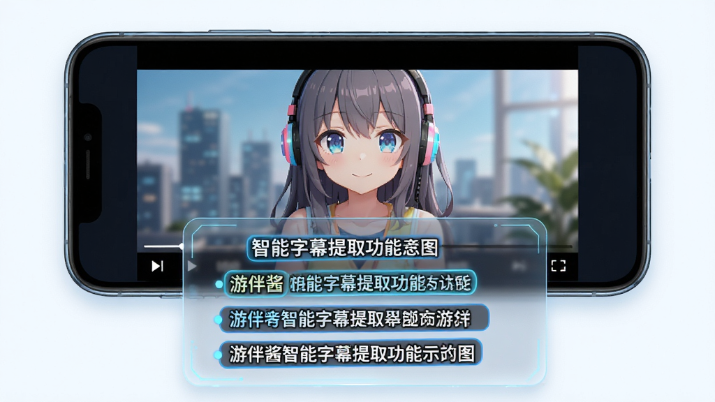 游伴酱智能字幕提取功能示意图,主体为手机屏幕显示视频播放界面,下方浮现出识别出的字幕文本列表,布局清晰,字幕文字高亮显示,风格科技感,色调明亮,细节丰富,画质清晰,干净无多余元素