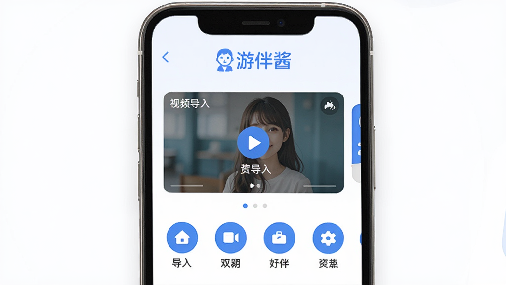 游伴酱软件主界面预览图,主体为手机屏幕展示游伴酱APP的首页,布局清晰,上方显示“游伴酱”logo,中间为视频导入区域,下方功能图标排列整齐,风格简约现代,色调以蓝白为主,细节精致,画质高清,干净无多余元素