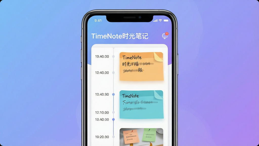 一幅展示TimeNote时光笔记核心界面的概念图,画面中央是一部智能手机,屏幕中清晰显示“TimeNote时光笔记”的日志时间轴界面,采用卡片式布局,左侧是时间戳,右侧是彩色便签预览,背景是柔和的渐变蓝紫色调,整体风格简约现代,扁平化设计,画质干净,无多余元素