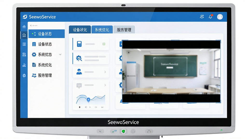 主体:SeewoService软件界面,一台现代教学一体机屏幕显示软件控制面板。布局:屏幕中央为软件主界面,左侧功能列表,右侧预览区。排版:扁平化设计,图标简洁,文字清晰。风格:科技感、商务蓝白配色。细节:界面包含“设备状态”、“系统优化”、“服务管理”标签,屏幕下方有“SeewoService”字样。画质:高清,干净,无多余元素