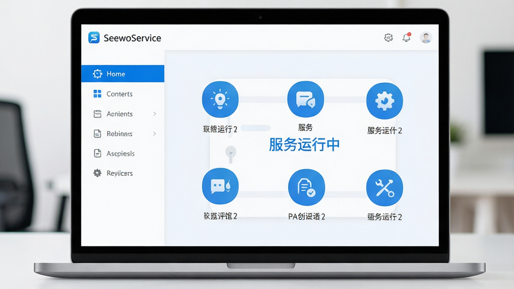 主体:笔记本电脑屏幕显示SeewoService运行界面。布局:界面简洁,左侧菜单,右侧内容展示。排版:现代感,大图标。风格:浅色背景,蓝色点缀。细节:屏幕上有“SeewoService”字样,界面显示“服务运行中”状态。画质:高清,干净,无多余元素