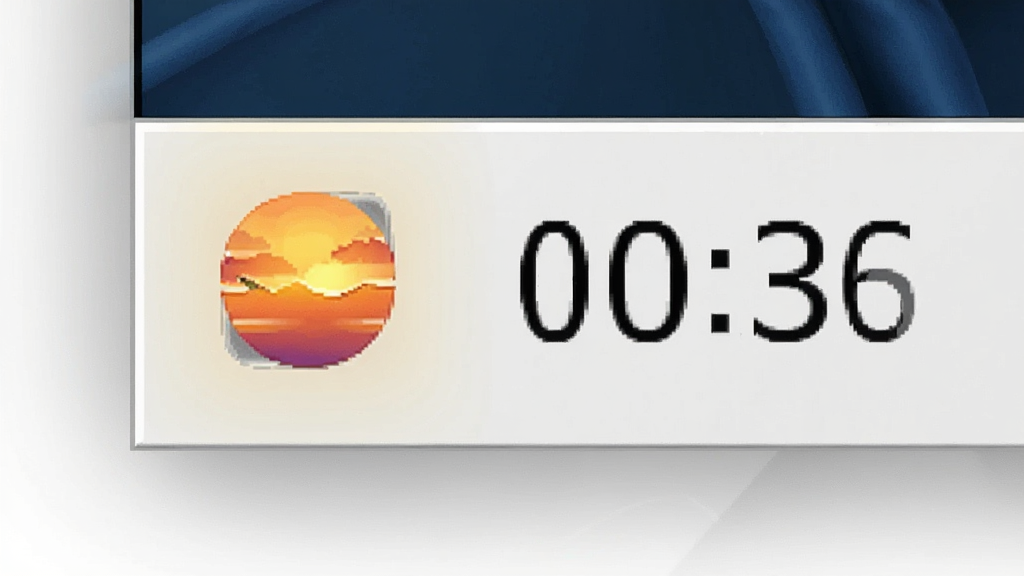 一个简约的Windows系统托盘区域特写,其中SunsetScreen的图标呈暖黄色高亮状态,旁边是时间显示,整体界面干净,细节清晰,画质高清,无多余元素
