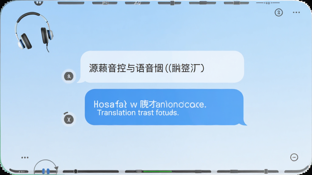 天籁音控运行语音翻译功能的界面,屏幕中间显示对话气泡,上方为源语言文本,下方为翻译结果,背景为淡蓝色渐变,耳机图标悬浮在角落,界面简洁,文字清晰,整体风格清爽,画质细腻