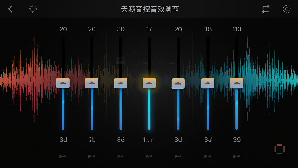 天籁音控音效调节界面图,中央为均衡器滑块,左右滑动可调整不同频段,背景为彩色声波图案,界面采用深色主题,滑块高亮显示,整体设计专业富有动感,画质清晰