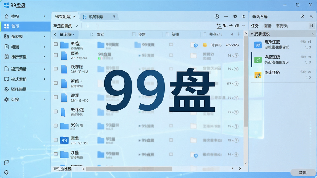 一张展示99盘windows版客户端主界面的高清截图,画面中央是清晰的“99盘”品牌标志,背景为淡蓝色科技感渐变,界面布局包括左侧导航栏、中间文件列表区、右侧传输任务面板,整体风格简洁现代,界面元素清晰可辨,画质干净,无多余元素。