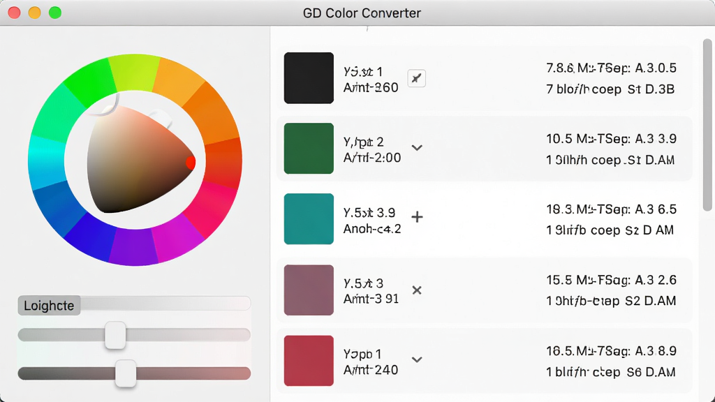 GD Color Converter软件的调色板界面,左侧是色环和亮度滑块,右侧显示历史取色记录列表,每个颜色条目带有色块预览和格式转换结果,界面设计为浅色主题,布局清晰直观,风格简洁现代,细节精致,画质干净无多余元素
