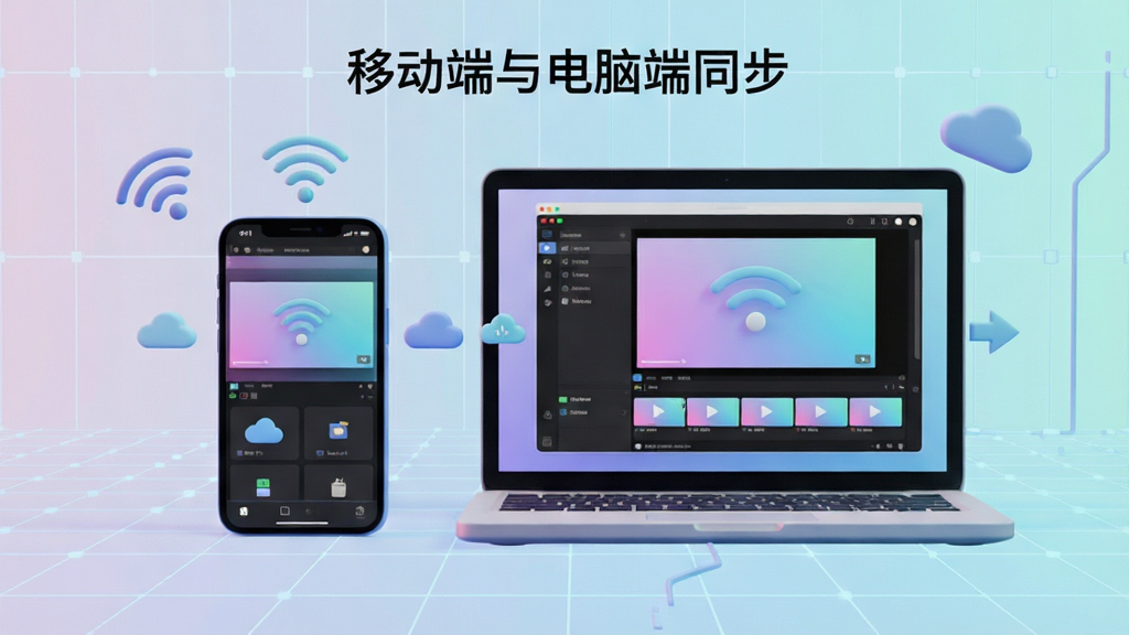 主体为一部智能手机与一台笔记本电脑并排放置,屏幕中显示相同的视频剪辑界面,象征着跨设备无缝衔接。布局为对称式,背景采用柔和的渐变色科技网格。风格为3D渲染插画,细节包含WiFi信号图标与云同步箭头,画质高清干净,无多余元素,图片文字标注“移动端与电脑端同步”