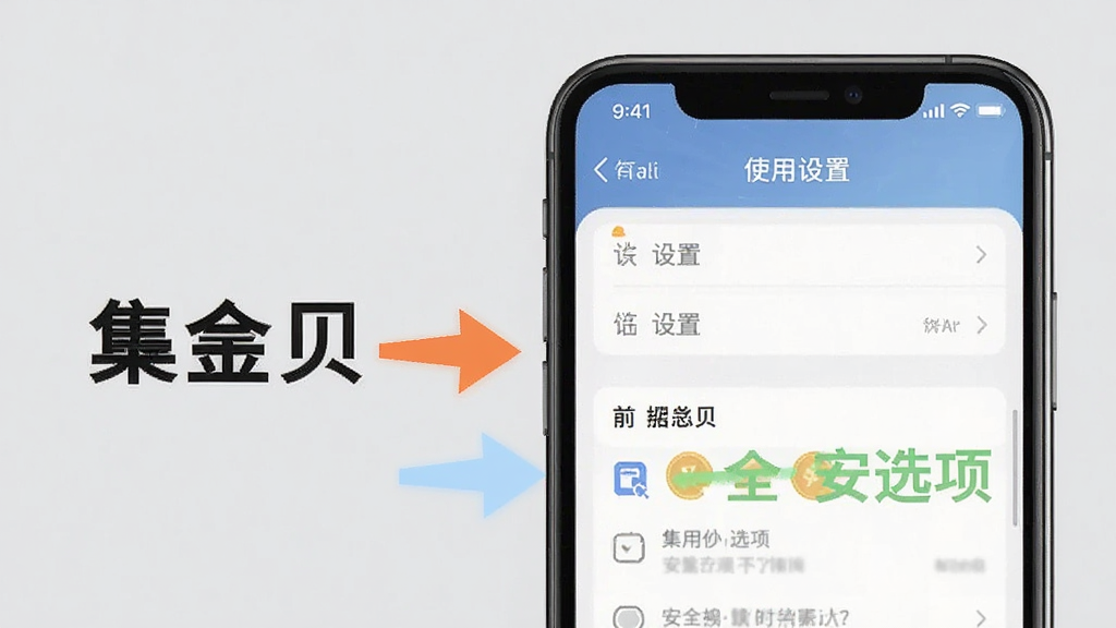 集金贝使用教程图示,手机屏幕显示设置菜单与安全选项,旁边配有箭头指引,背景为浅灰色,界面简洁,细节清晰,画质干净无多余元素