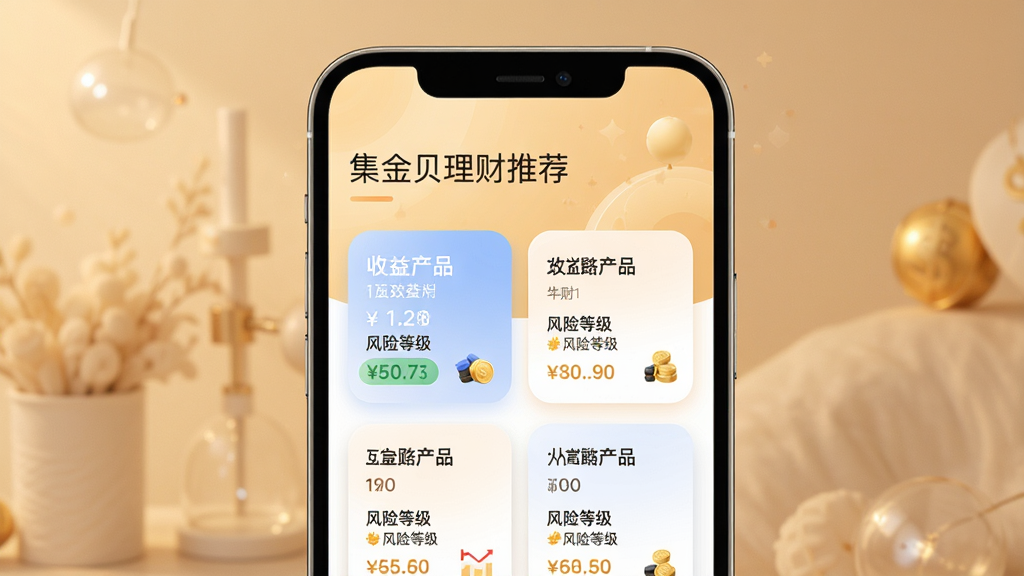 集金贝理财推荐页面,手机屏幕展示多个理财产品卡片,标注收益率与风险等级,背景柔和,卡片圆角设计,整体排版整洁,现代科技感,画质清晰无多余元素