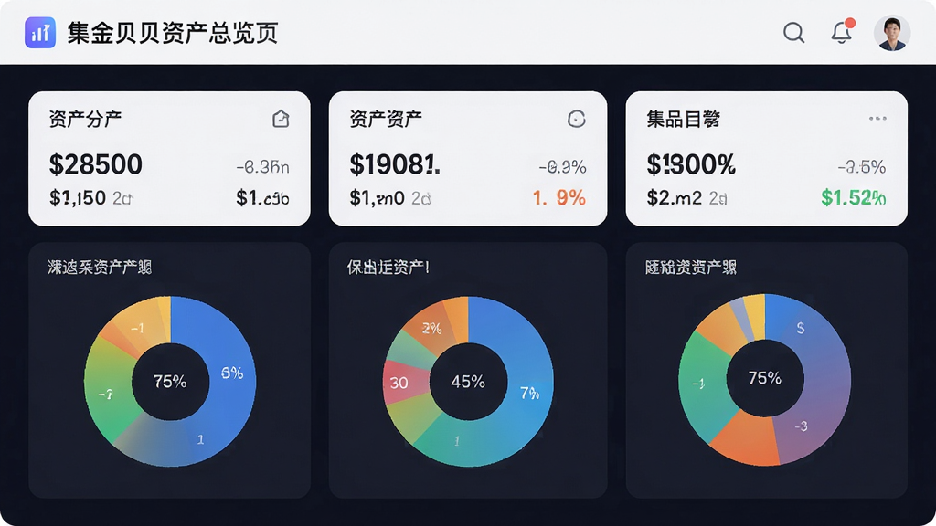 集金贝资产总览页面,多账户卡片式布局,滚动展示各类资产数据与百分比饼图,色彩明快,界面干净,数字清晰,现代金融App风格,画质高清无多余元素