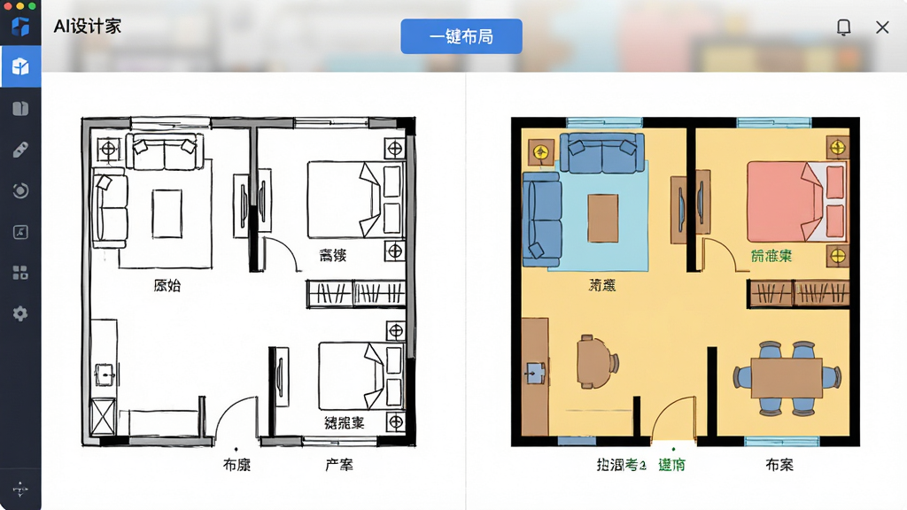 画面主体为“AI设计家”软件运行界面,左侧显示原始户型图线稿,右侧自动生成带有沙发、床铺与餐桌的彩色布局方案,顶部有“一键布局”按钮,整体布局左右分栏,排版清晰,风格为扁平化UI结合简约线稿,细节突出家具图标与空间标注,画质高清,干净无多余元素
