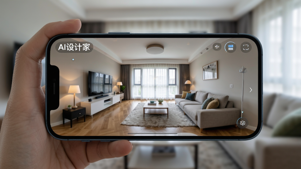 画面主体为“AI设计家”VR预览模式,用户手持手机观看客厅全景效果,屏幕中呈现360度可拖动视角,周围环境为真实房间,整体布局前景手机、背景虚化,排版自然,风格为写实生活场景结合科技元素,细节包括屏幕内家具与光线反射,画质清晰,干净无多余元素