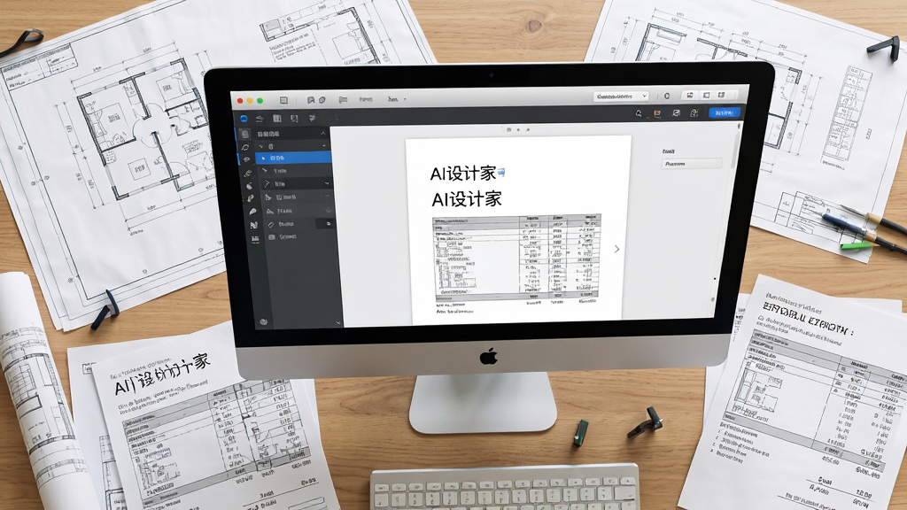 画面主体为“AI设计家”生成文档界面,桌面散落打印的施工图纸与报价单,电脑屏幕显示软件导出页面,整体布局俯视视角,排版错落有致,风格为办公场景写实,细节包括图纸线条与表格数据,画质高清明亮,干净无多余元素