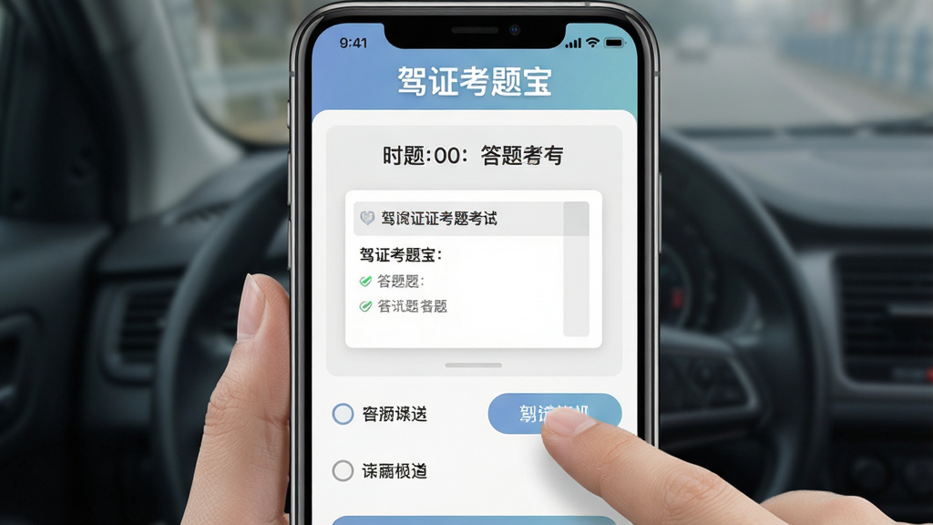 驾证考题宝模拟考试界面,手机屏幕显示考试倒计时和答题卡,题目下方有四个选项,用户手指点选答案,界面风格简洁,色彩淡雅,文字清晰,突出“驾证考题宝”名称,画质干净,无多余元素
