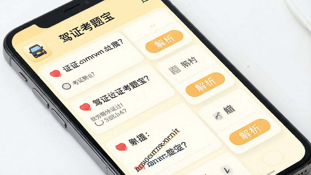 驾证考题宝错题本界面,手机屏幕显示错题列表,每道题有红色标记和解析按钮,背景为淡黄色,图标简洁,文字标注“驾证考题宝”,风格清新,画质干净,无多余元素