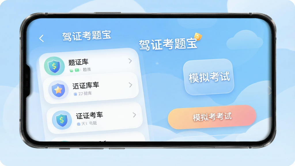 驾证考题宝主界面展示,手机屏幕显示题库列表和模拟考试按钮,背景为浅蓝色渐变,界面简洁清晰,图标圆润,文字标注“驾证考题宝”,风格现代扁平化,画质清晰,干净无多余元素