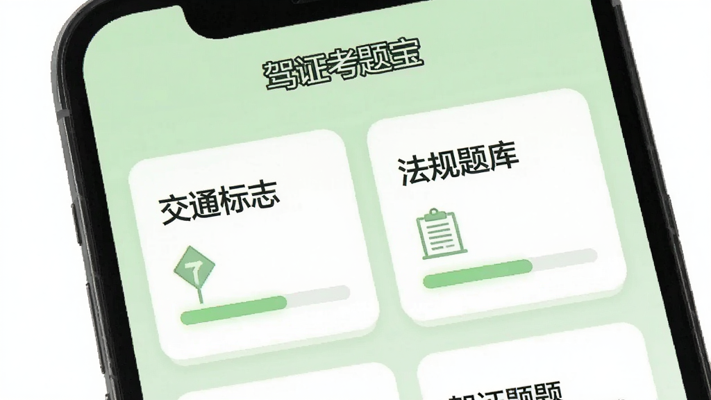 驾证考题宝专项练习页面,手机屏幕显示分类卡片,如“交通标志”、“法规题库”,每个卡片有进度条,背景为浅绿色,风格简约,文字标注“驾证考题宝”,画质清晰,无多余元素
