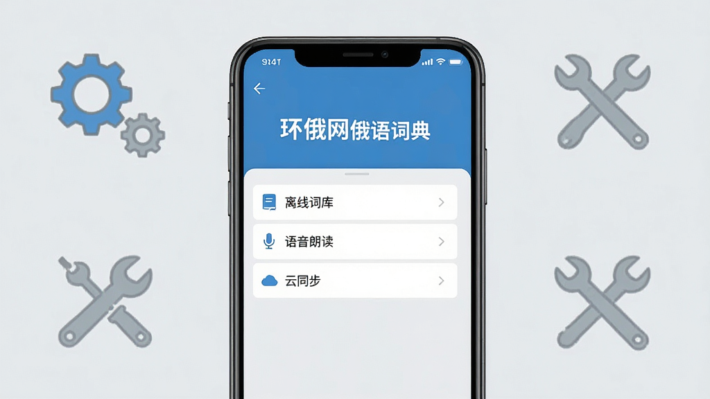画面主体为手机屏幕显示环俄网俄语词典的设置页面,列出“离线词库”、“语音朗读”、“云同步”等选项,背景为浅灰色,配有齿轮与工具图标。布局为手机居中,界面简洁。风格为扁平化设计,色彩以蓝白灰为主,细节清晰,画质干净,无多余元素。