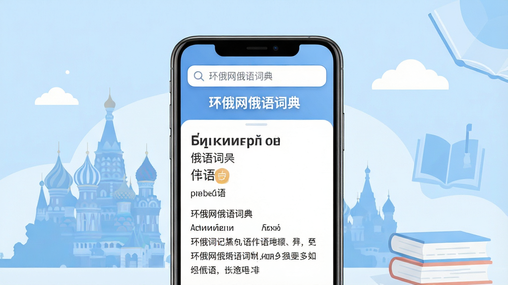 画面主体为一部正在运行环俄网俄语词典的智能手机,屏幕显示单词查询结果页面,上方有搜索框与“环俄网俄语词典”字样,下方展示俄语词汇、中文释义及例句。背景为简洁的浅蓝色渐变,配以俄式建筑轮廓剪影与书本、云朵等元素。整体布局采用居中构图,手机位于视觉中心,周围留白干净。风格为现代扁平化插画风,色彩柔和明亮,细节精致,画质高清干净,无多余元素。