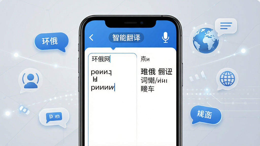 画面主体为手机屏幕展示环俄网俄语词典的翻译界面,左侧输入俄语文本,右侧显示中文译文,屏幕顶部有“智能翻译”标签与麦克风图标。背景为浅灰色科技感渐变,配有浮动翻译气泡、地球与语言符号。布局为手机居中,屏幕内容清晰可见。风格为现代科技风,蓝白主色调,细节精致,画质高清干净,无多余元素。