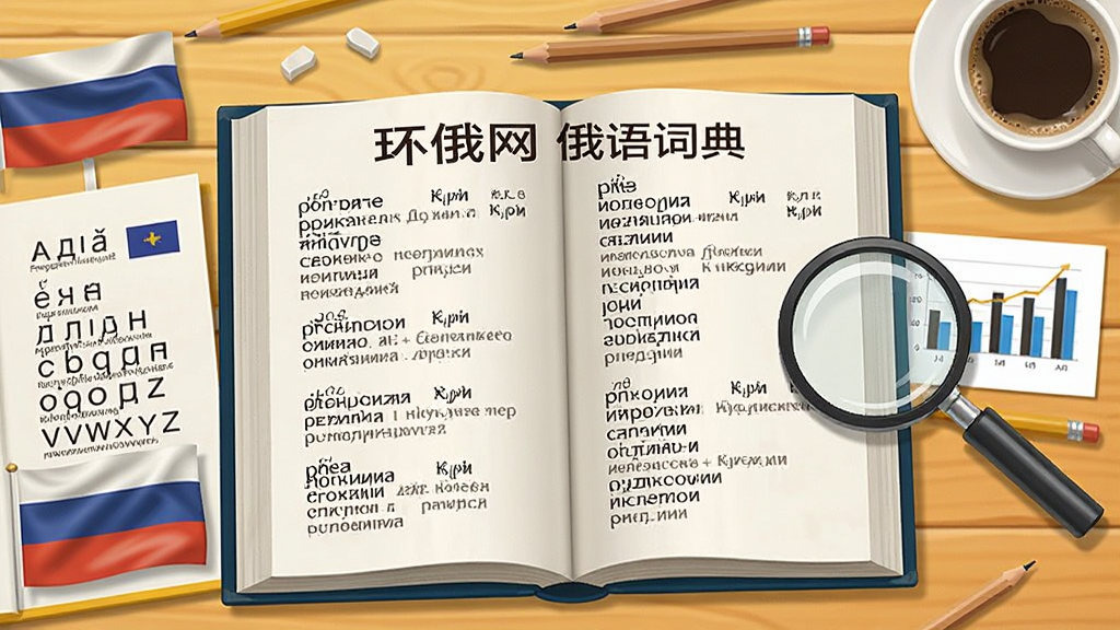 画面主体为一本翻开的俄语词典,书页上清晰印有“环俄网俄语词典”字样及俄语单词释义示例,左侧为俄语字母表与国旗元素,右侧为放大镜与数据图表。背景为淡黄色木质桌面,点缀几支铅笔与一杯咖啡。布局采用平视视角,词典居中,两侧留白。风格为写实插画风,暖色调,细节丰富,画质清晰干净,无多余元素。